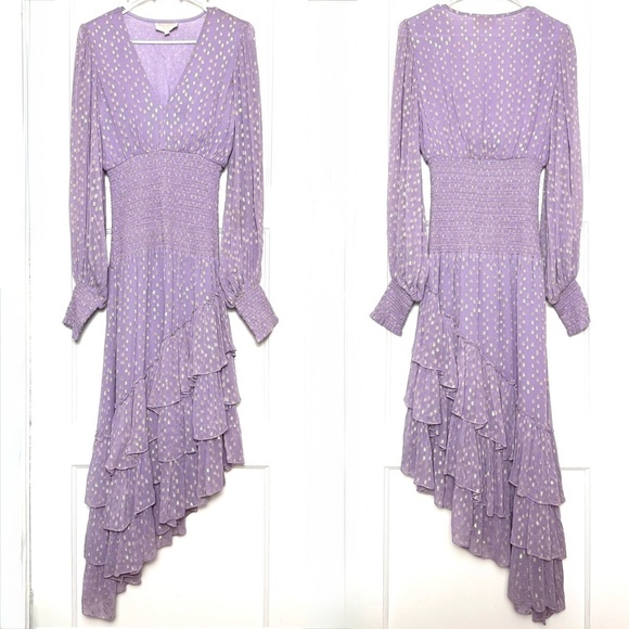 ROCOCO SAND Lilac Puff Long Sleeve Smocked Waist Asymmetric Tier Ruffle Dress S - Picture 3 of 8